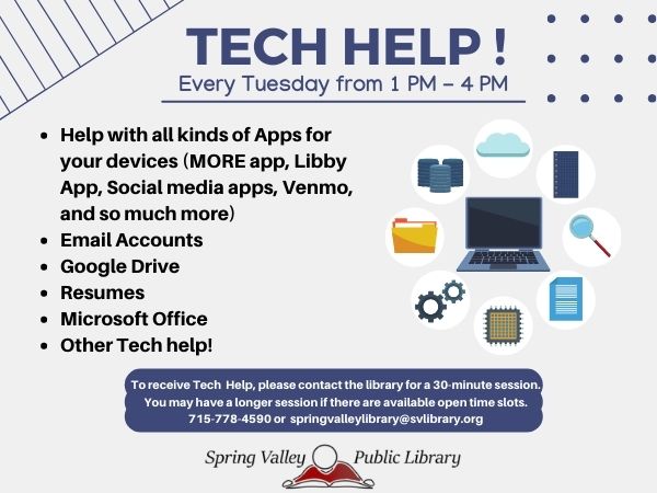 Tech Help every Tuesday from 1 PM to 4 PM